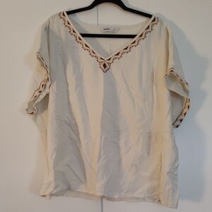 OFFER PLS! Sonoma Tan and White Relaxed Blouse with Embellished V-Neckline